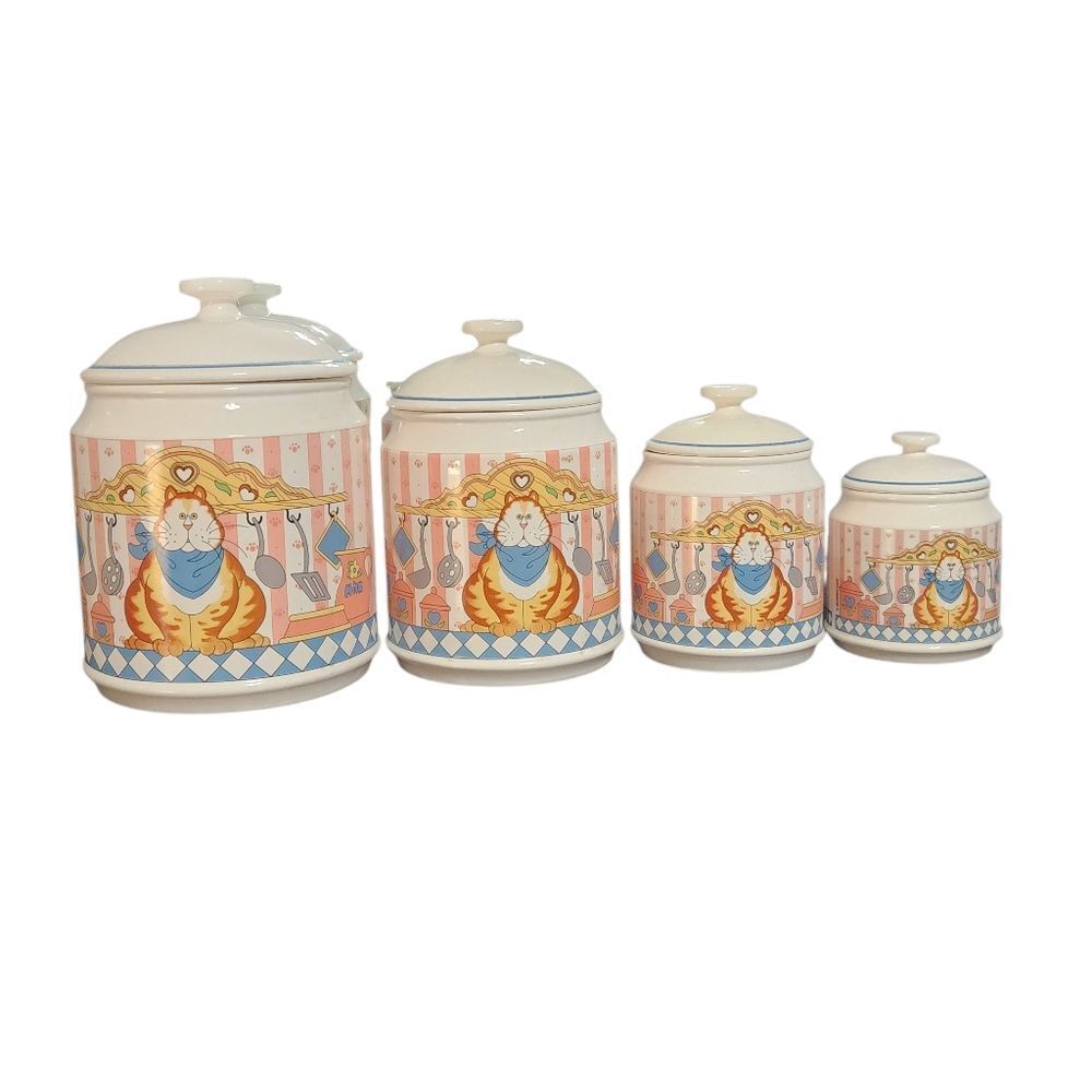 Vintage Lisa Berrett Canister Set 8 Piece 4 with Lids Country Tabby Cat
